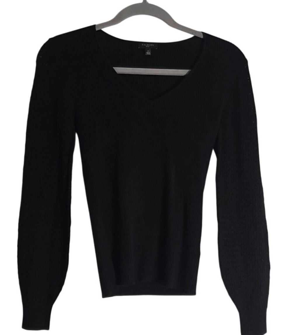 Womens Talbots Petite Small Black Ribbed Knit Sweater LongSleeve Lightweight Top